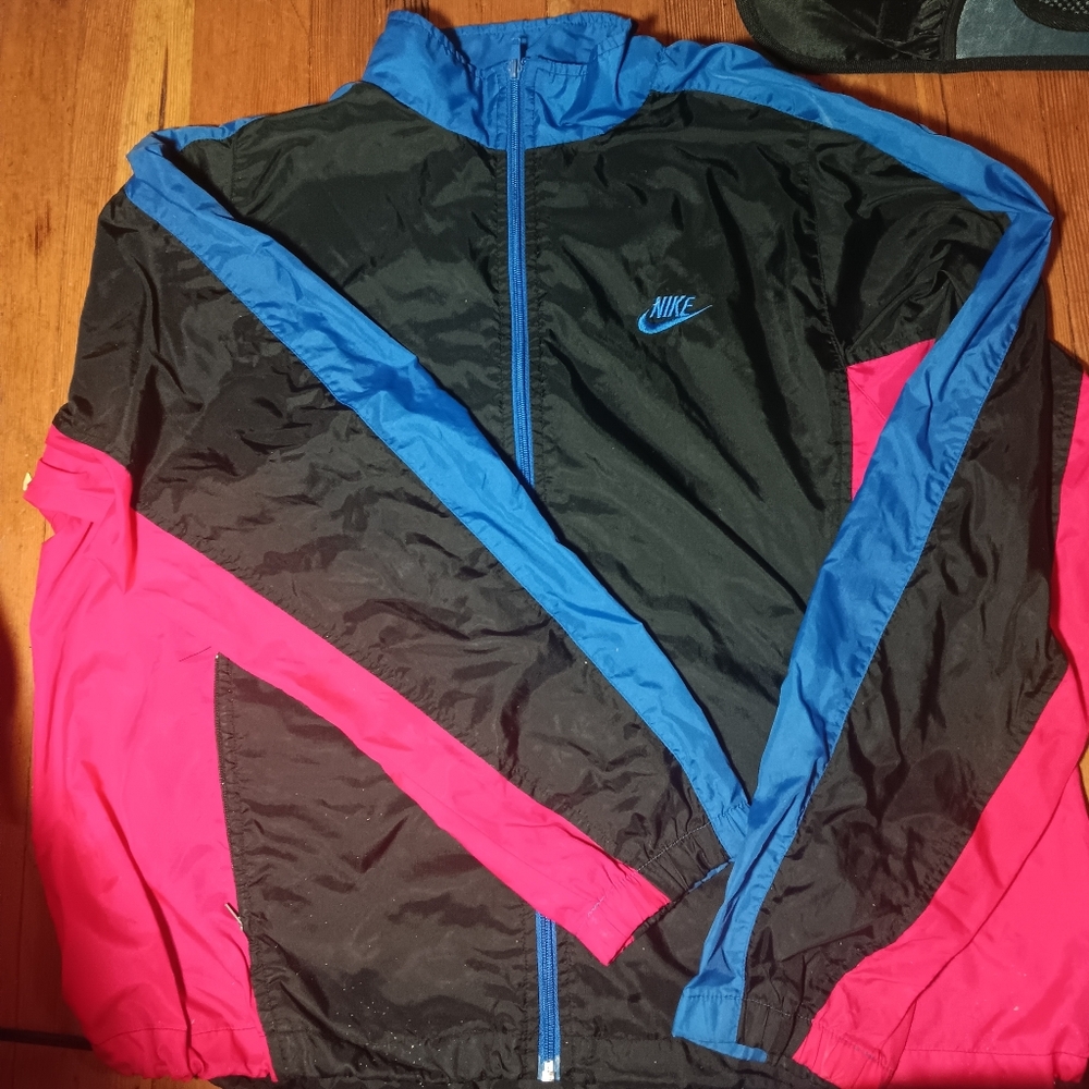 Nike Vintage 90s Black Jacket with Pink and Blue Neon Highlights